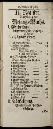 II. Register. Eintheilung des Gesang-Buchs.