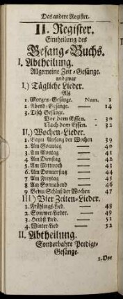 II. Register. Eintheilung des Gesang-Buchs.