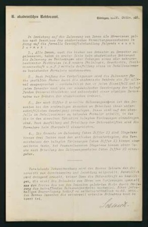 Das akad. Rektoramt: neue Normen bezügl. der Zulassung von Frauen als Hörerinnen 16.10.1909