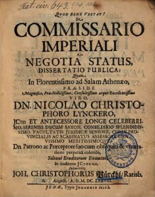 De Commissario Imperiali Ad Negotia Status, Dissertatio Publica
