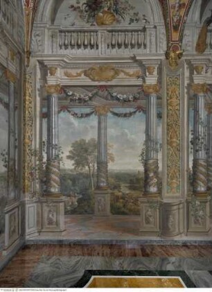 Weite Landschaften hinter illusionistischer Kolonnade mit bekrönender Balustrade, Weite bewaldete Landschaft mit Flußlauf