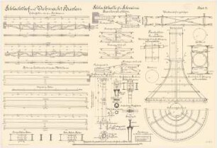 Schlachthof und Viehmarkt, Breslau Schlachthalle für Schweine: Eisenkonstruktion. Gitterpfetten, Windversteifungsträger 1:20. Knotenpunkte 1:10. Dunstschlot: Grundrisse Schnitt 1:10