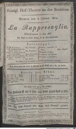 La rappressaglia, ossia Il contracambio  : Melodramma in due Atti ; Königl. Hof-Theater an der Residenz ; Freytag den 2. Jänner 1824