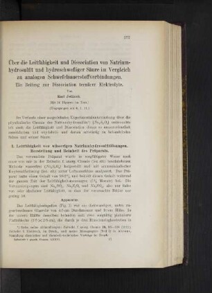 Über die Leitfähigkeit und Dissociation von Natriumhydrosulfit und hydroschwefliger Säure im Vergleich zu analogen Schwefelsauerstoffverbindungen.