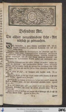 Besondere Art, die allhier vorgeschriebene Lehr-Art nützlich zu gebrauchen.