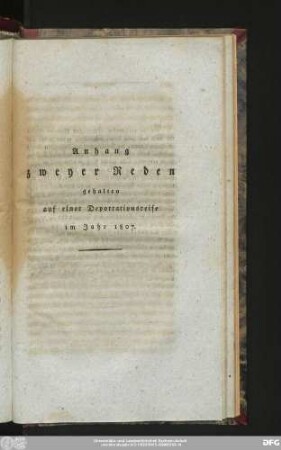 Anhang zweyer Reden gehalten auf einer Deportationsreise im Jahr 1807.