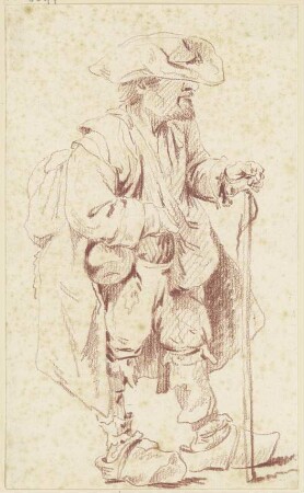 Alter Mann in zerlumpter Tracht und mit breitem Hut, im Profil nach rechts