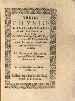 Theses Physiologicae, De Animae Facvltatibvs