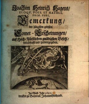 Joachim Heinrich Hagens, Eloqv. Poes. Et Mathes. Prof. Publ. Bemerkung, der jüngsten grossen Comet-Erscheinungen