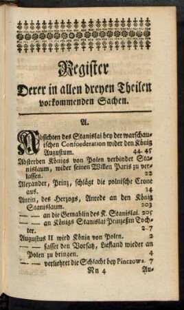 Register Derer in allen dreyen Theilen vorkommenden Sachen.