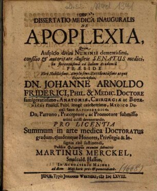 Dissertatio Medica Inauguralis De Apoplexia