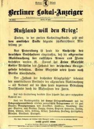 Extra-Blatt des "Berliner Lokal-Anzeiger" zum drohenden Ausbruch des Weltkrieges