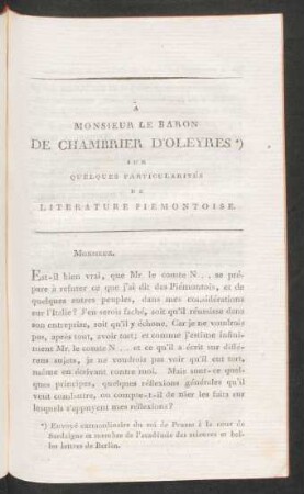 À Monsieur Le Baron De Chambrier D'Oleyres *) Sur Quelques Particularités De Literature Piemontoise.