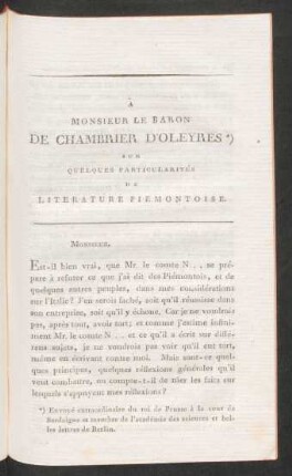 À Monsieur Le Baron De Chambrier D'Oleyres *) Sur Quelques Particularités De Literature Piemontoise.