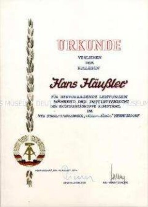 Urkunde für Hans Häußler