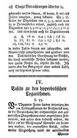IV. Tafeln zu den hyperbolischen Logarithmen