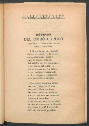 Décimas del ombú coposo : Dedicadas al distinguido amigo señor Andrés Pérez