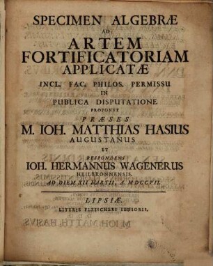 Specimen algebrae ad artem fortificatoriam applicatae