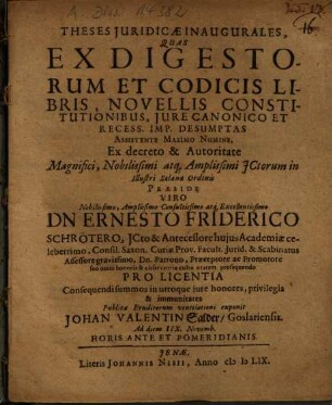Theses Iuridicae Inaugurales, Quas Ex Digestorum Et Codicis Libris ... Praeside ... Dn Ernesto Friderico Schrötero ... exponit Johan Valentin Salder, Goslariensis ...
