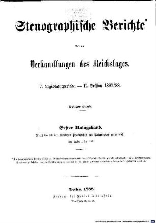 Verhandlungen des Reichstages. Stenographische Berichte. 103. 1887/88