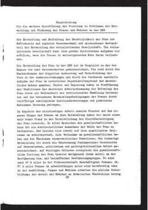Hauptrichtung für die weitere Durchführung der Forschung zu Problemen der Entwicklung und Förderung der Frauen und Mädchen in der DDR