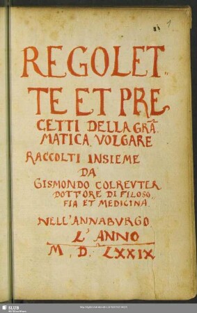 [Text:] Regolette et precetti della grammatica volgare