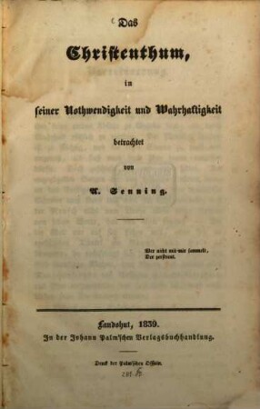 Das Christenthum in seiner Nothwendigkeit und Wahrhaftigkeit betrachtet