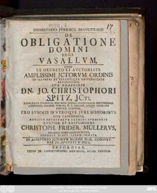 Dissertatio Jvridica Inavgvralis De Obligatione Domini Erga Vasallvm
