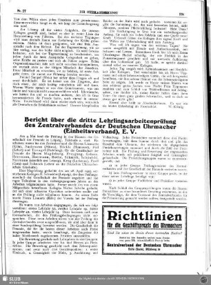 Bericht über die dritte Lehrlingsarbeitenprüfung des Zentralverbandes der Deutschen Uhrmacher (Einheitsverband), E. V.