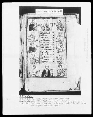 Psalter der Mechthild von Anhalt — Litaneiseite, umrahmt von Brustbildern der angerufenen Heiligen, Folio 187recto