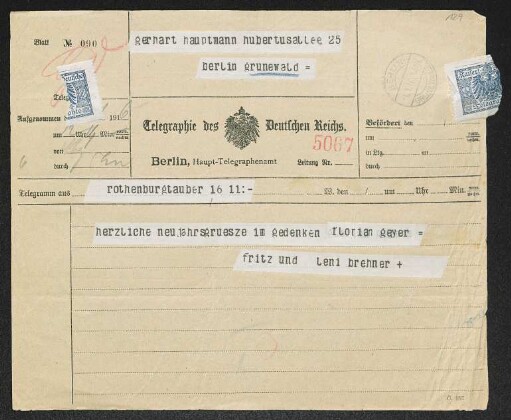 Brief von Fritz Brehmer und Leni Brehmer an Gerhart Hauptmann
