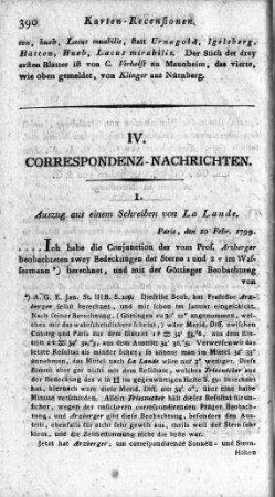 Auszug aus einem Schreiben von La Lande : Paris, den 10 Febr[uar] 1799