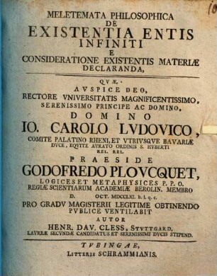 Meletemata philosophica de existentia entis infiniti e consideratione existentis materiae declaranda