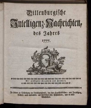 1777: Dillenburgische Intelligenz-Nachrichten, des Jahres 1777