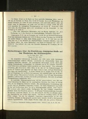 Beobachtungen über die Einwirkung chemischer Stoffe auf das Wachstum der Schimmelpilze.
