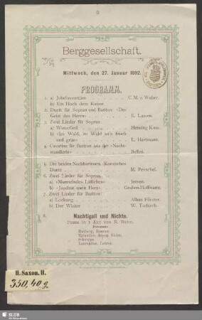 Berggesellschaft : Mittwoch, den 27. Januar 1892 : Programm