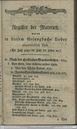 Register der Materien, wovon in diesem Gesangbuche Lieder anzutreffen sind. (Die Zahl zeiget die Zahl der Lieder an.)