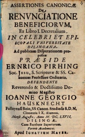 Assertiones Canonicae De Renvnciatione Beneficiorvm, Ex Libro I. Decretalium