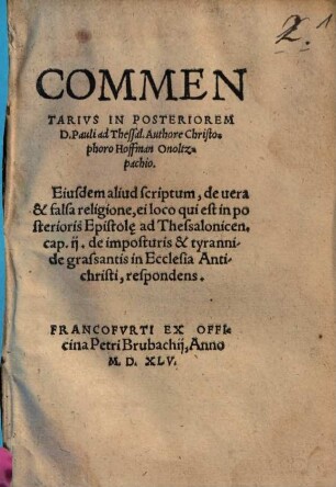 Commentarivs In Posteriorem D. Pauli ad Thessal.