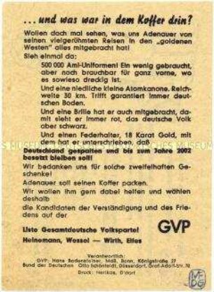 Illustrierter Handzettel der Gesamtdeutschen Volkspartei gegen die Außenpolitik der Adenauer-Regierung