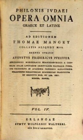 Philonis Ivdaei Opera Omnia Graece Et Latine, Vol. IV