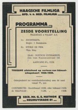Einladungskarte (Postkarte) der Haagschen Filmliga an Hannah Höch und Til Brugman. 's-Gravenhage