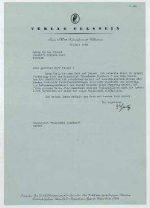 Brief von Ullstein Verlag an Leo Freund. Berlin
