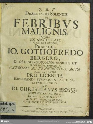 Dissertatio Solennis De Febribvs Malignis