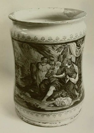 Albarello mit biblischer Szene (Loth und seine Töchter) : Albarello mit biblischer Szene (Loth und seine Töchter). Castello, um 1730, Majolika. Dresden, Kunstgewerbemuseum