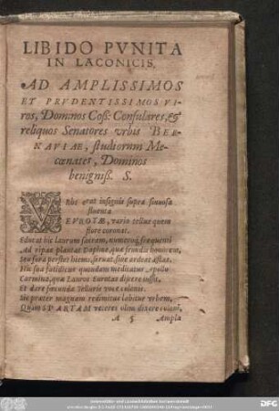 Libido Punita In Laconicis. Ad Amplissimos Et Prudentissimos Vrios, Dominos Coß: Consulares, & reliquos Senatores urbis Bernaviae, studiorum Mecœnates, Dominos benigniß. S.