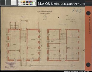 Schlachthofstraße: Städtischer Schlacht- und Viehhof Osnabrück Verwaltungsgebäude Grundrisse Ausf.-Art: Farbige Zeichnung auf Karton, auf Büttenpapier aufgezogen Hersteller: Revidiert durch E. Hackländer Format: 49,7 x 65,5 cm Maßstab: 1 : 50