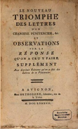 Le nouveau triomphe des lettres d'un Chanoine penitentier