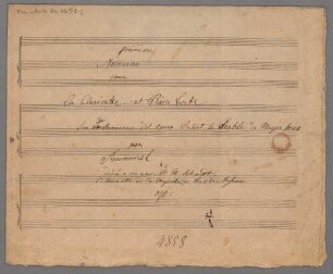 Nocturnes, cl, pf, op. 85/1, F-Dur - BSB Mus.Schott.Ha 4658-2 : [title page] premiere [!] // Notturno // pour // la Clarinette et Piano Forte // sur une |l|a Romance d'el opera Robert le diable de Meyerbeer // par Rummel // dedie a son ami M.|r Th. Schmidt. // 1.|r Clarinette de la Chapelle du Duc de Nassau. // op: [without number]