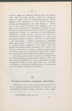 III. De antiquis acusmatum (symbolorum) collectionibus.